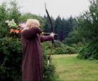 Эльфы охо́тник вооруженных луком и стрелами готова стрелять